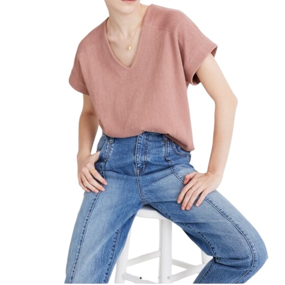 Madewell Faded Mauve Ottoman Jacquard V Neck Boxy Top Woman's Size Small - Picture 1 of 9